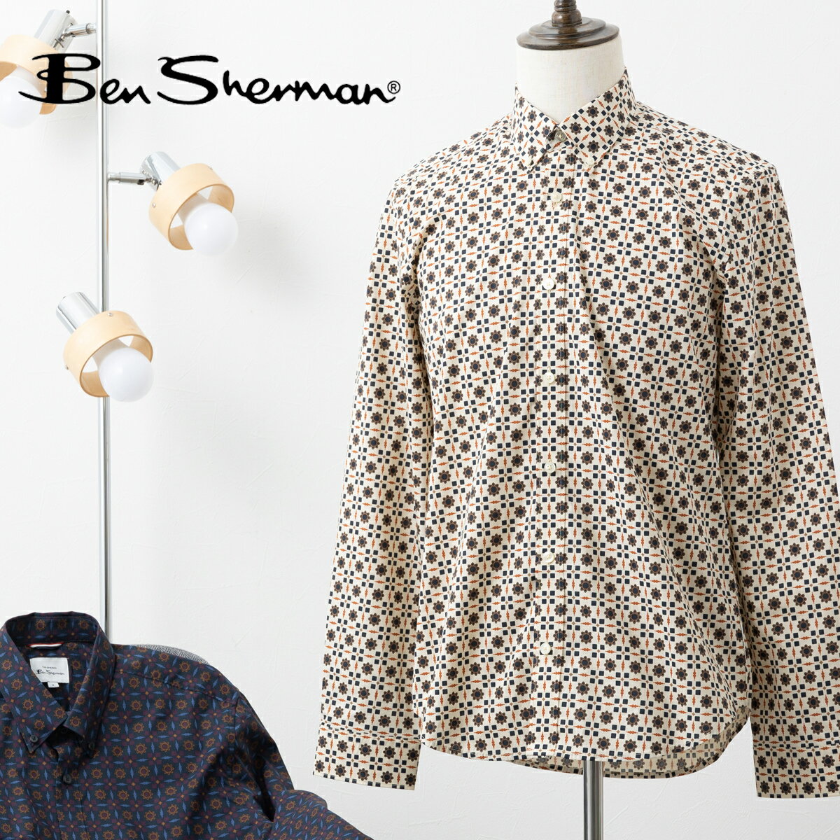 ベンシャーマン メンズ 長袖シャツ フーラードプリント フォグ プラム Ben Sherman スリムフィット レトロ ボタンダウン コットン フラワー 男性 ギフト トラッド