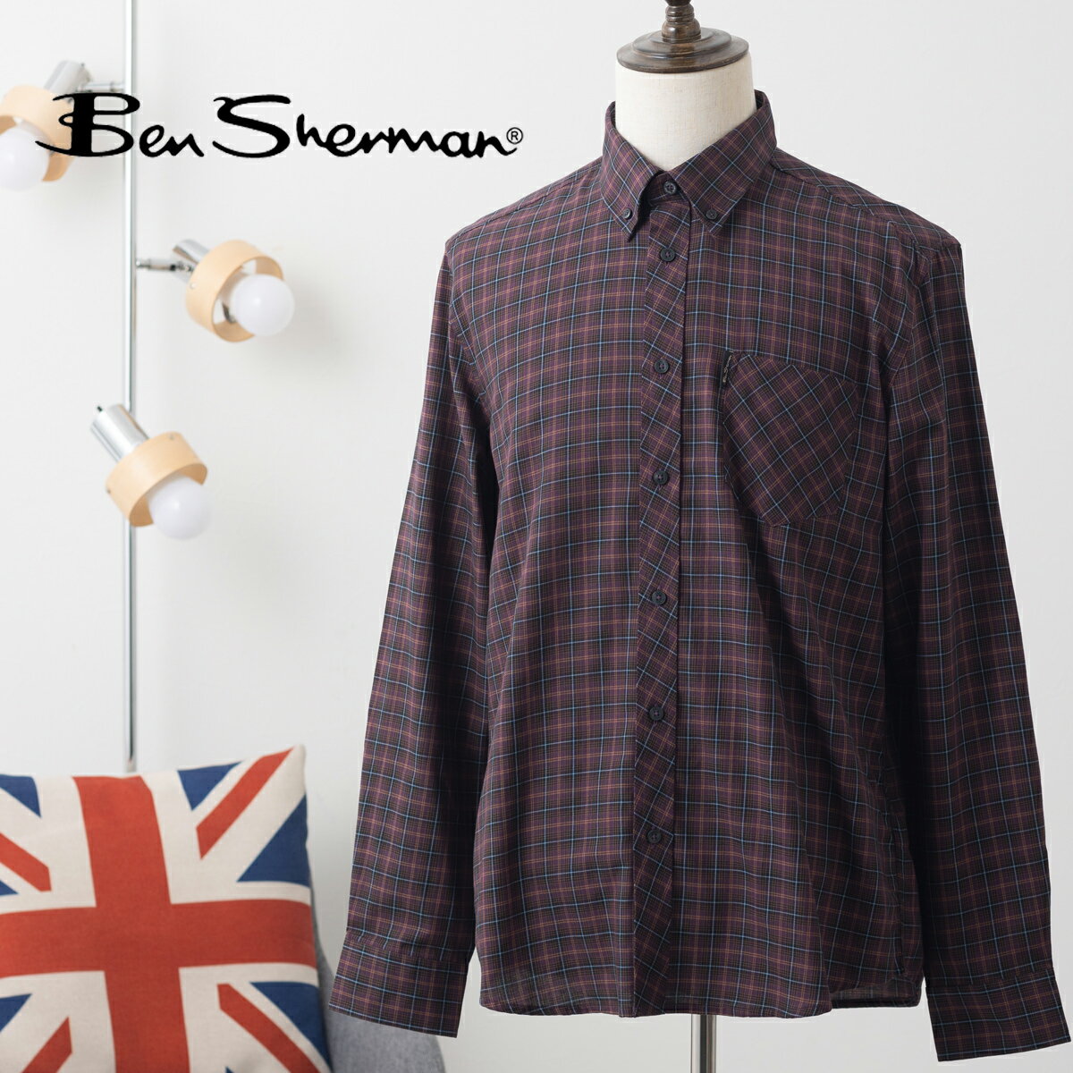 Ben Sherman ベンシャーマン 長袖シャツ ミハウスタータンチェック プリント クラシックフィット チェック レトロ プラム コットン ギフト モッズ ボタンダウン トラッド メンズ