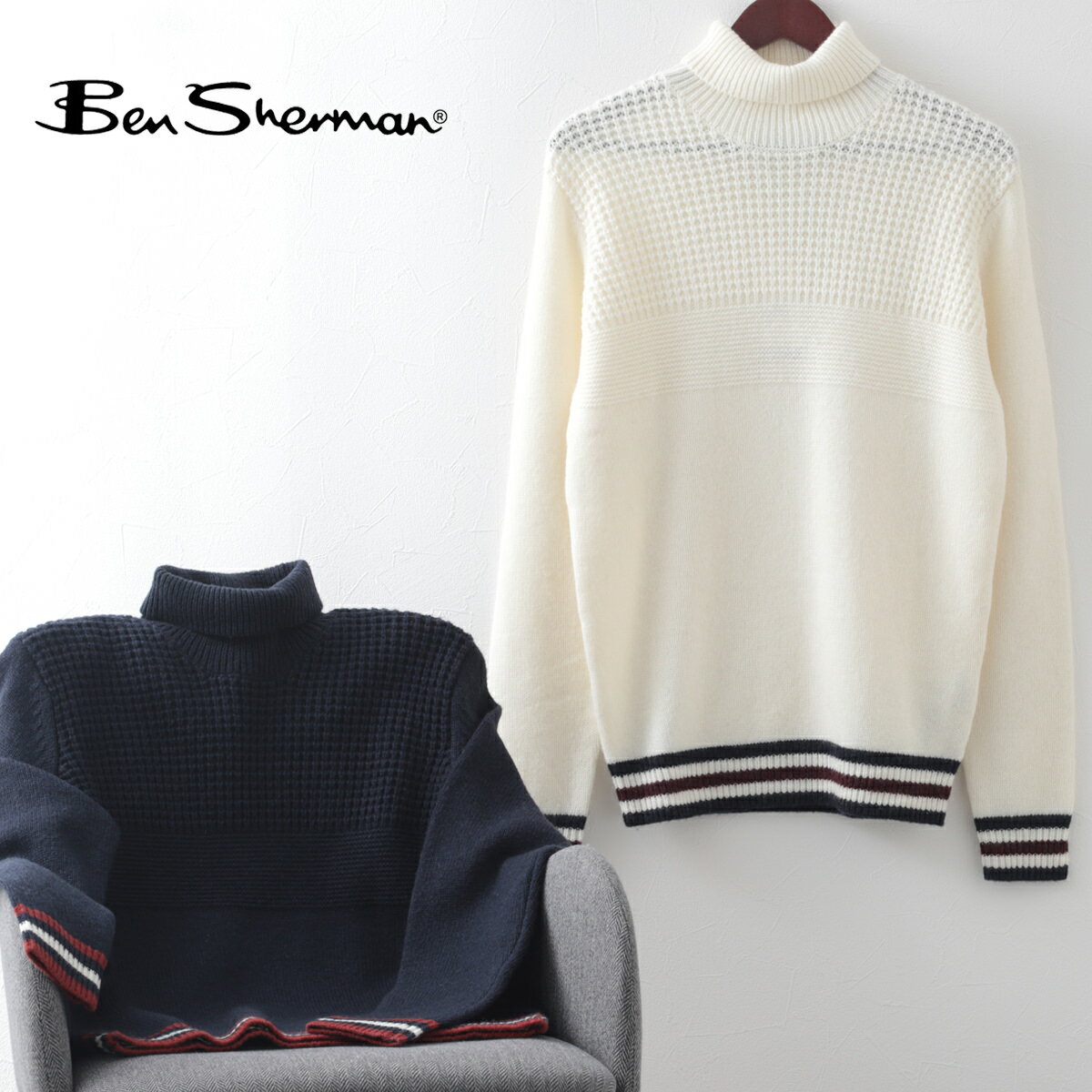 ベンシャーマン Ben Sherman テクスチャード ロールネック セーター 20s ダークネイビー アイボリー メンズ プレゼント ギフト