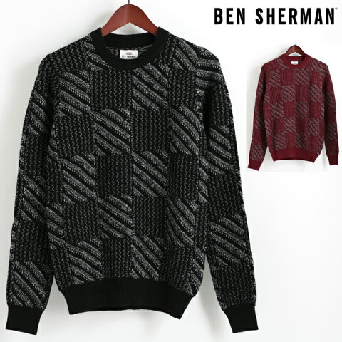 ベンシャーマン Ben Sherman セーター クルーネック チェック バッファロー 2色 ブラック ダークレッド メンズ ギフト