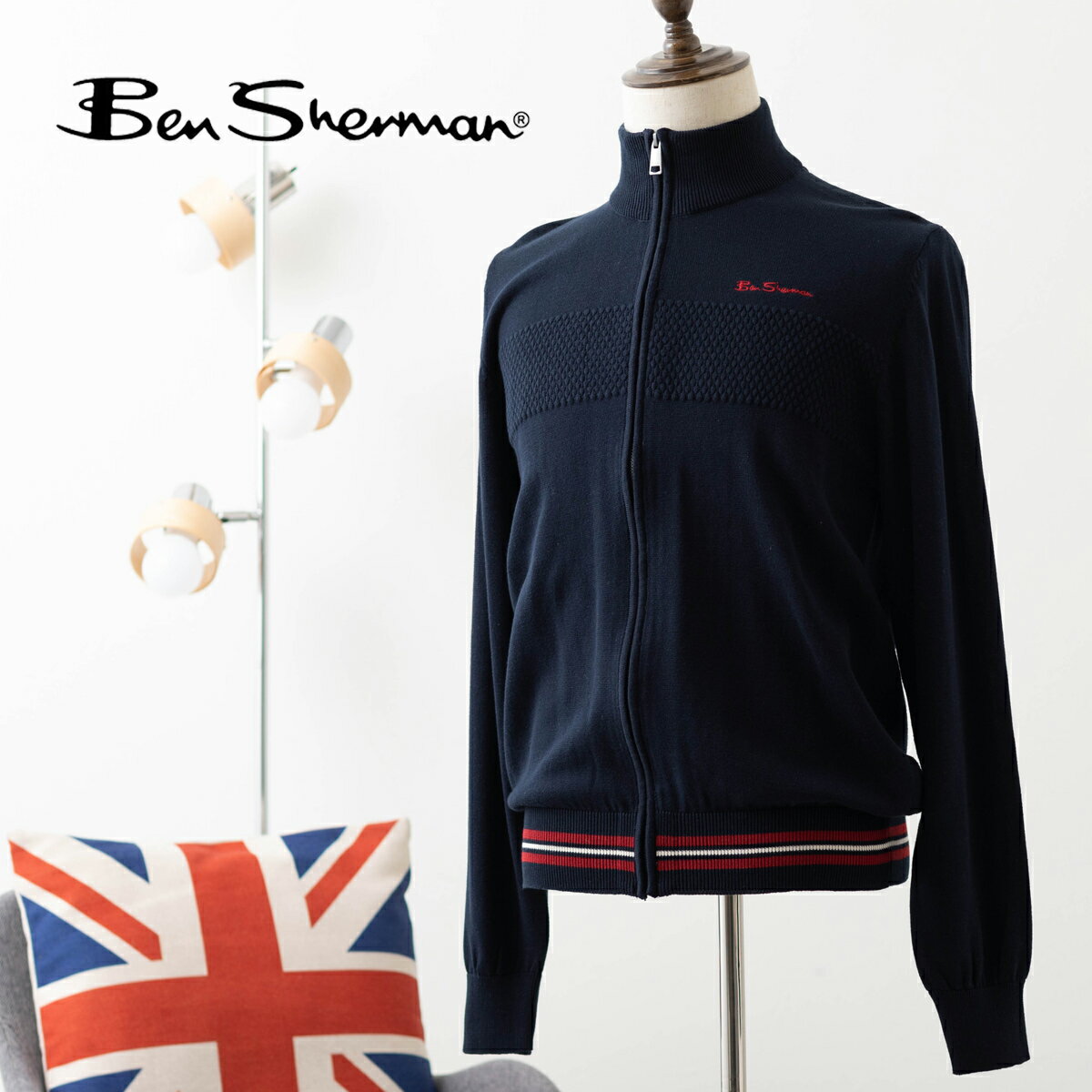 ベンシャーマン Ben Sherman ファネルネック ジップスルーニットカーディガン ダークネイビー レギュラーフィット コットン 長袖 セーター メンズ 男性 プレゼント ギフト