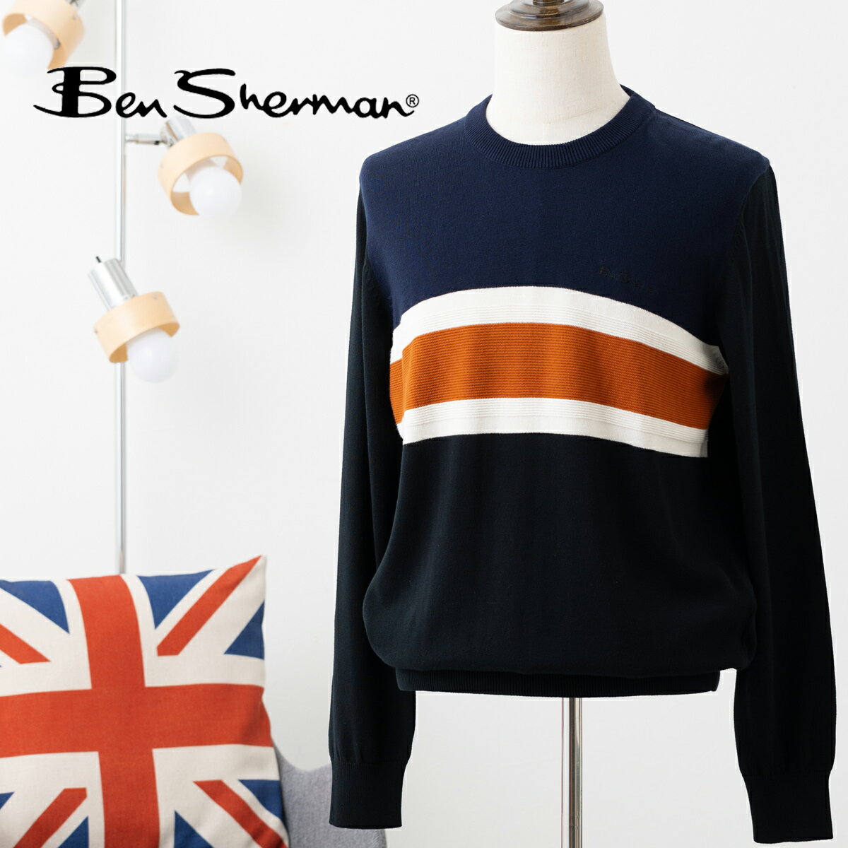 Ben Sherman ベンシャーマン クルーネックセーター ニットポロ ブラック ストライプ レギュラーフィット コットン ギフト プレゼント モッズ トラッ...