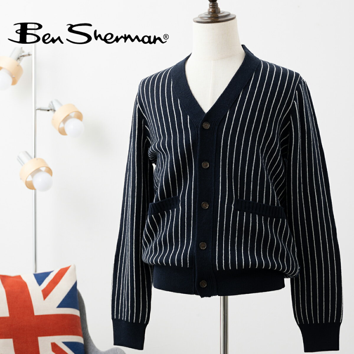 ベンシャーマン Ben Sherman Vネックニットカーディガン ダークネイビー ストライプ 2023 新作 レギュラーフィット 長袖 セーター ざっくり 厚手 メンズ 男性 プレゼント ギフト