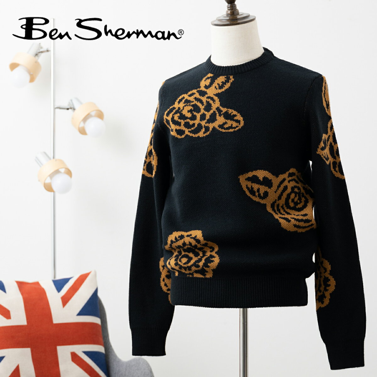 ベンシャーマン Ben Sherman クルーネックセーター ニット ウィンターフローラル ブラック レギュラーフィット ウールブレンド メンズ フラワー レト...