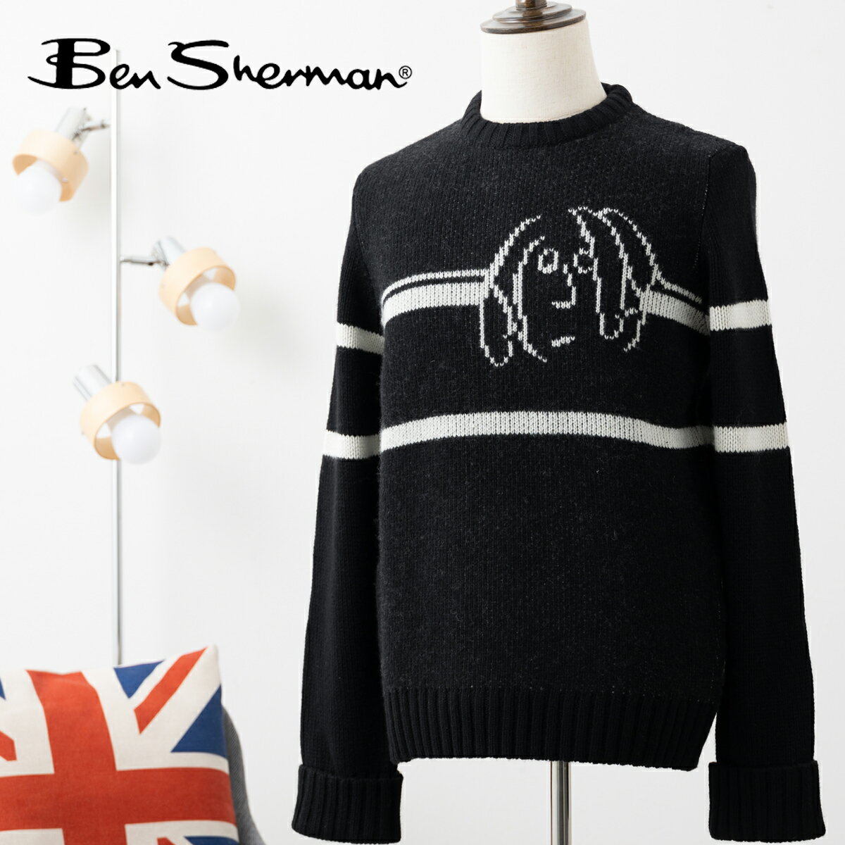 ベンシャーマン Ben Sherman ジョンレノンコラボ ストライプニット セーター ブラック ストライプ レギュラーフィット クルーネック 長袖 セーター ...