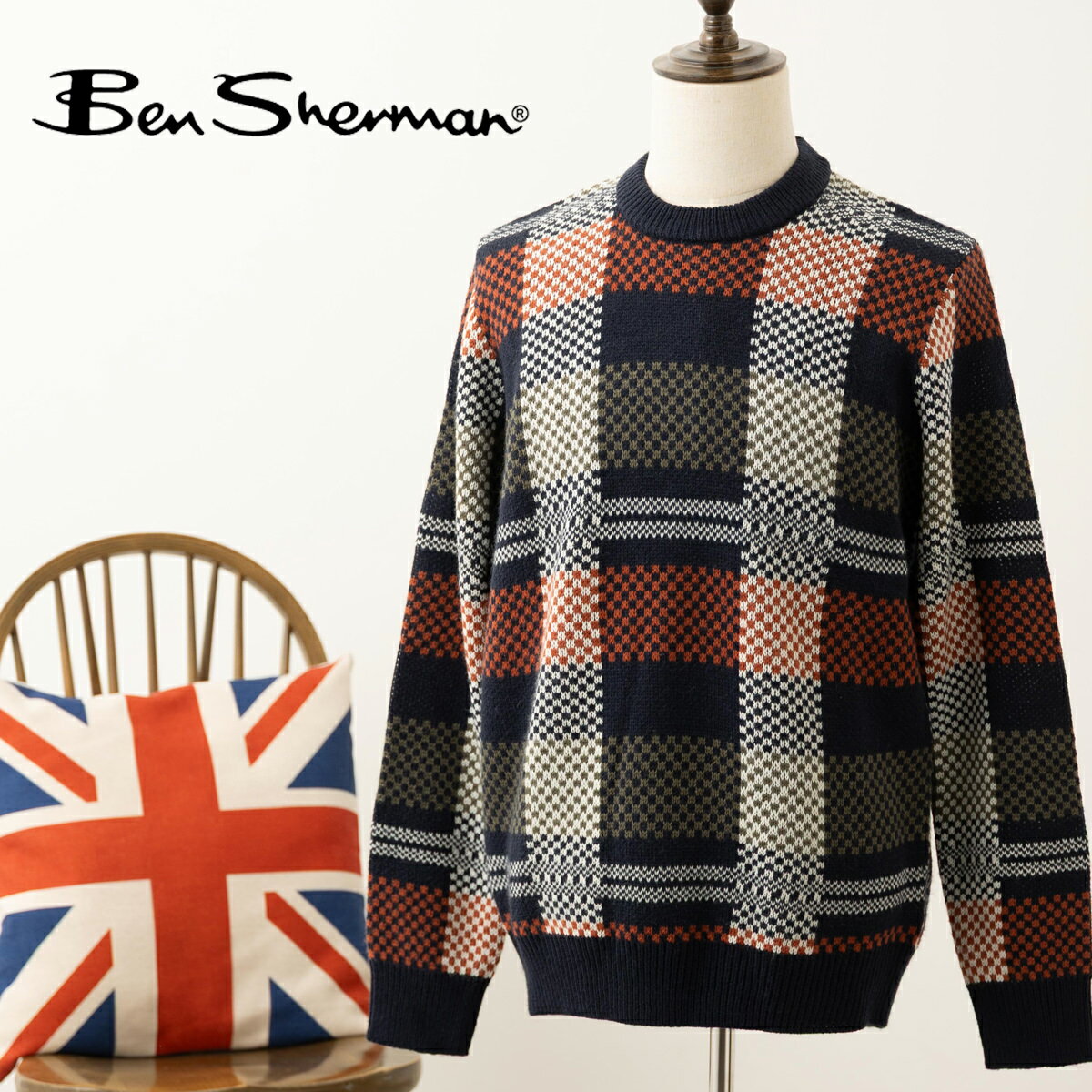 Ben Sherman ベンシャーマン クルーネックセーター 2025AW 新作 ニット セーター ジャガード チェック クルーネック ダークネイビー レギュラ...