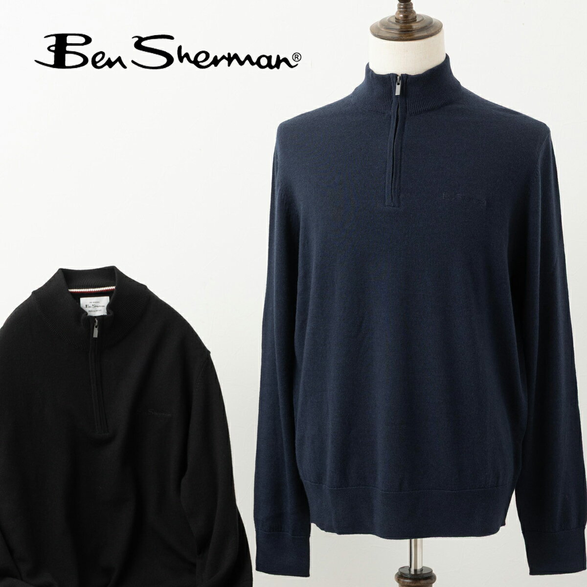 Ben Sherman ベンシャーマン 長袖ニット ハーフジップ メリノウール 2025AW 新作 ファネルネック ブラック ダークネイビー レギュラーフィット...