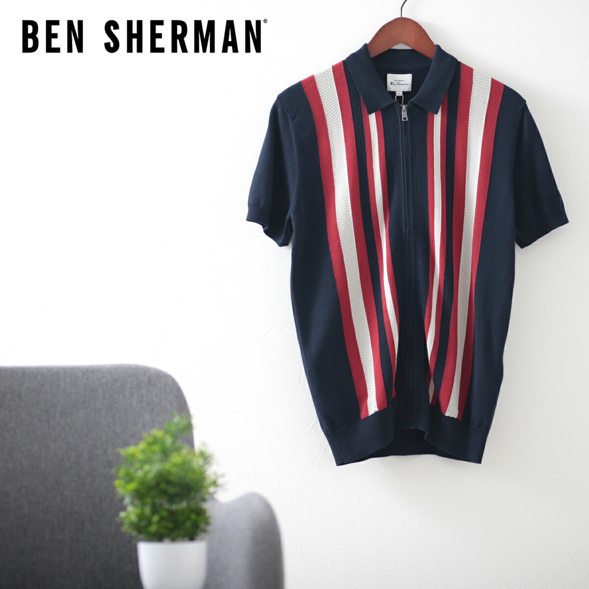 ベンシャーマン メンズ ポロシャツ ポロ ジップ スルー ストライプ 20s Ben Sherman ダークネイビー レギュラー フィット ギフト トラッド