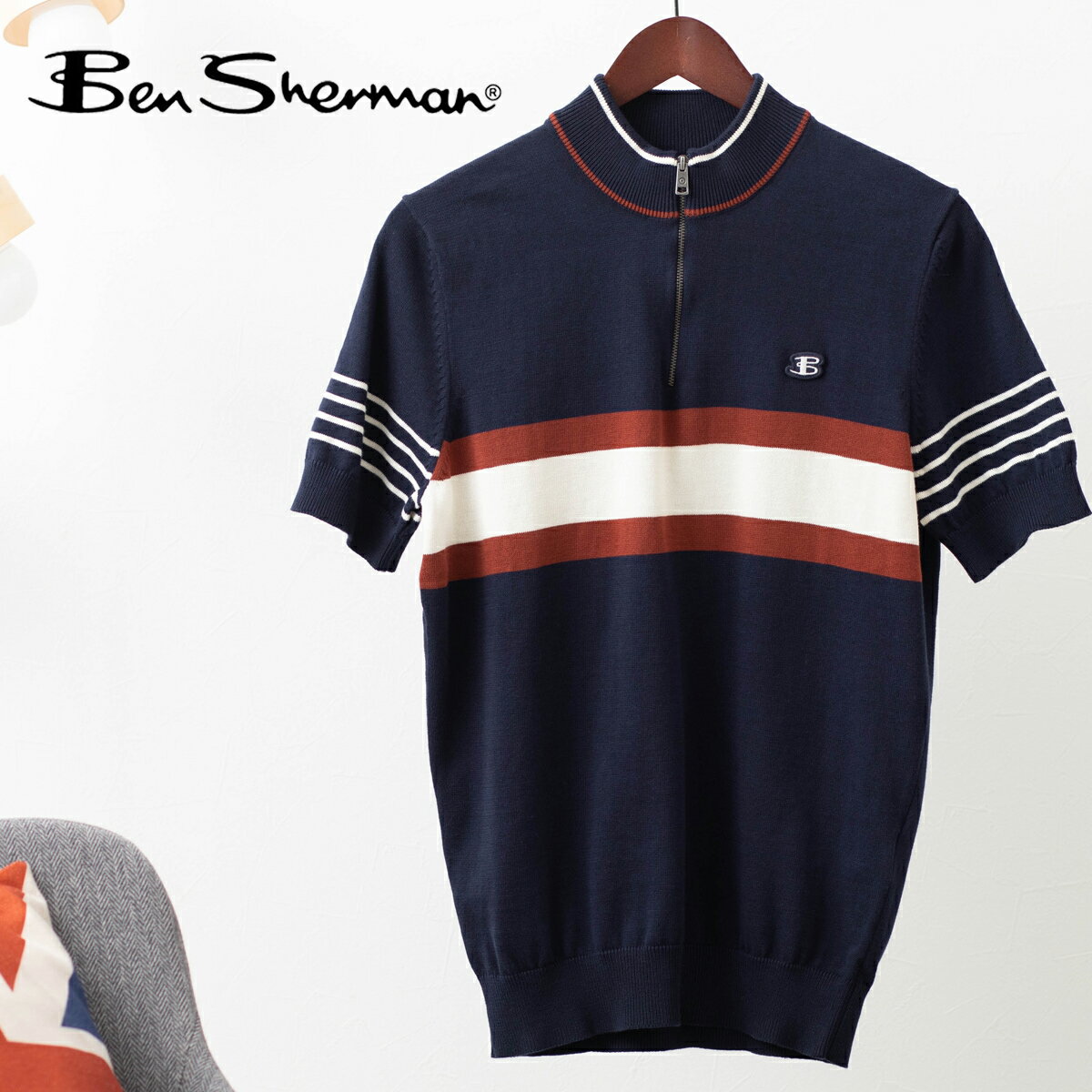 Ben Sherman メンズ ポロシャツ 半袖ポロ 新作 ジップネック ベンシャーマン ストライプ マリン サイクリングニット コットン レトロ レギュラーフィット ギフト モッズ トラッド 父の日