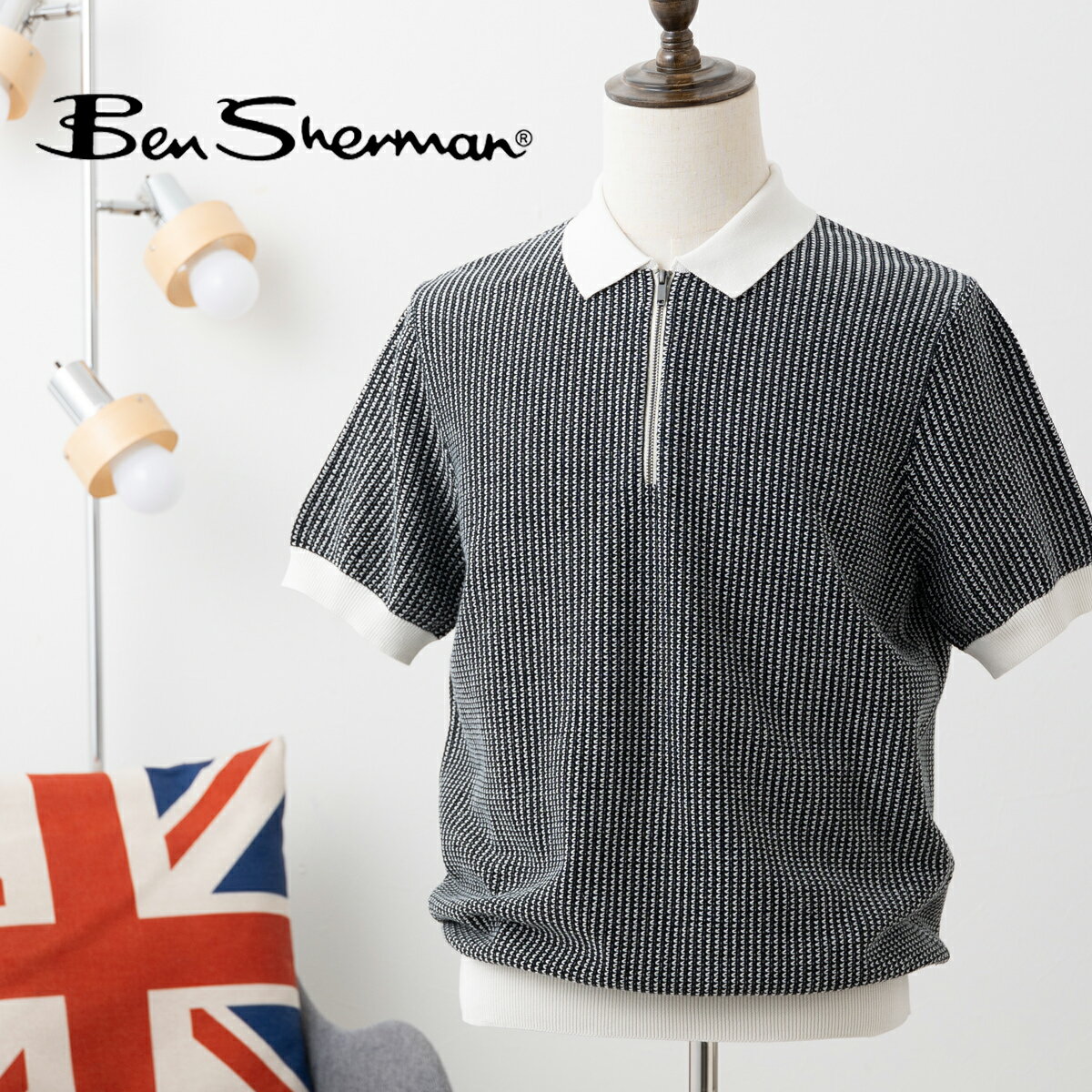 Ben Sherman ベンシャーマン 半袖ポロシャツ ジップネックポロ ニットポロ バイカラー コントラストカ..
