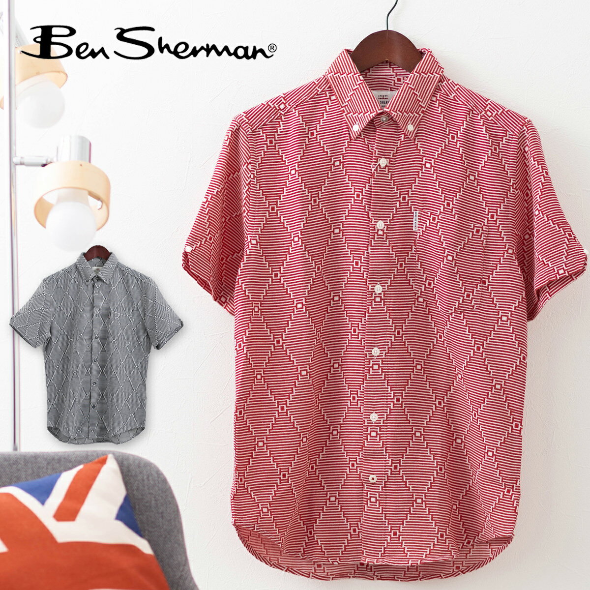 ベンシャーマン Ben Sherman 半袖シャツ ワープストライプ ダークネイビー レッド レギュラーフィット MOD Regular Fit ボタンダウン メンズ ギフト モッズファッション トラッド