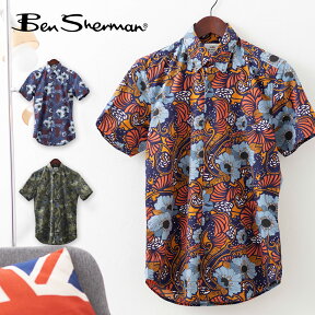 ベンシャーマン メンズ 半袖シャツ Ben Sherman サイケデリックフローラル オリーブ ブルー ダークネイビー レギュラーフィット MOD Regular Fit ボタンダウン ギフト モッズファッション トラッド