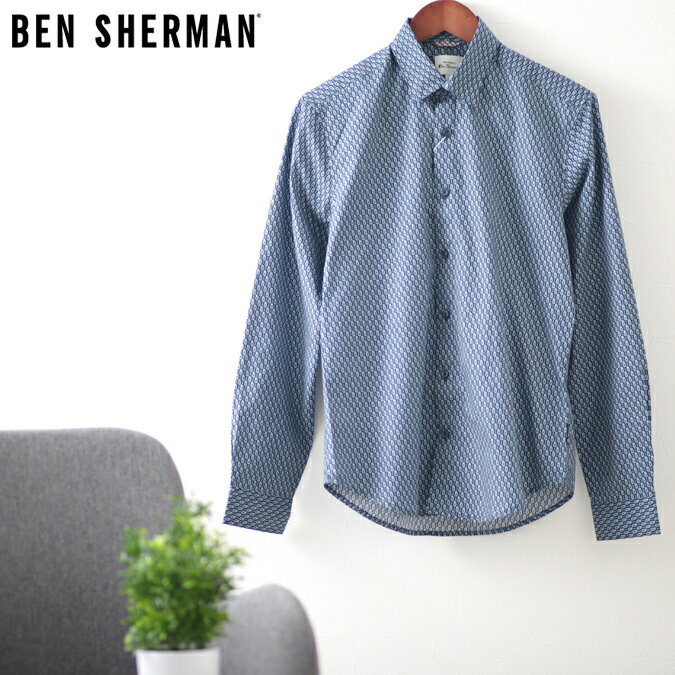 ベンシャーマン メンズ 長袖シャツ ペイズリー ファイン ジオ 幾何学模様 20s Ben Sherman ダークネイビー スリムフィット ギフト トラッド