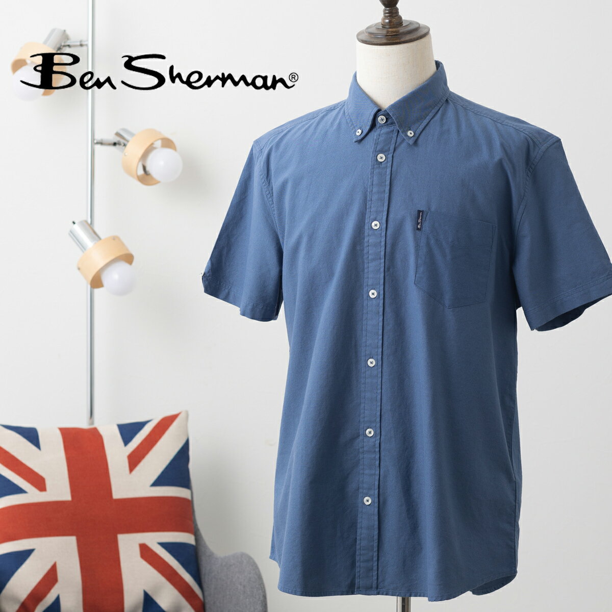 Ben Sherman ベンシャーマン 半袖シャツ GOTSオーガニックオックスフォードシャツ レギュラーフィット 無地 リビエラブルー オーガニックコットン ギフト モッズ ボタンダウン トラッド メンズ