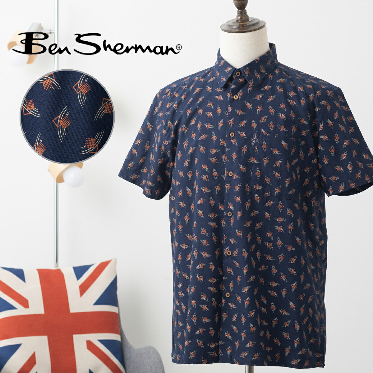 Ben Sherman ベンシャーマン 半袖シャツ アールデコ調 シャツ プリント クラシックフィット ダークネイビー 総柄 コットン ギフト モッズ ボタン開閉 トラッド メンズ