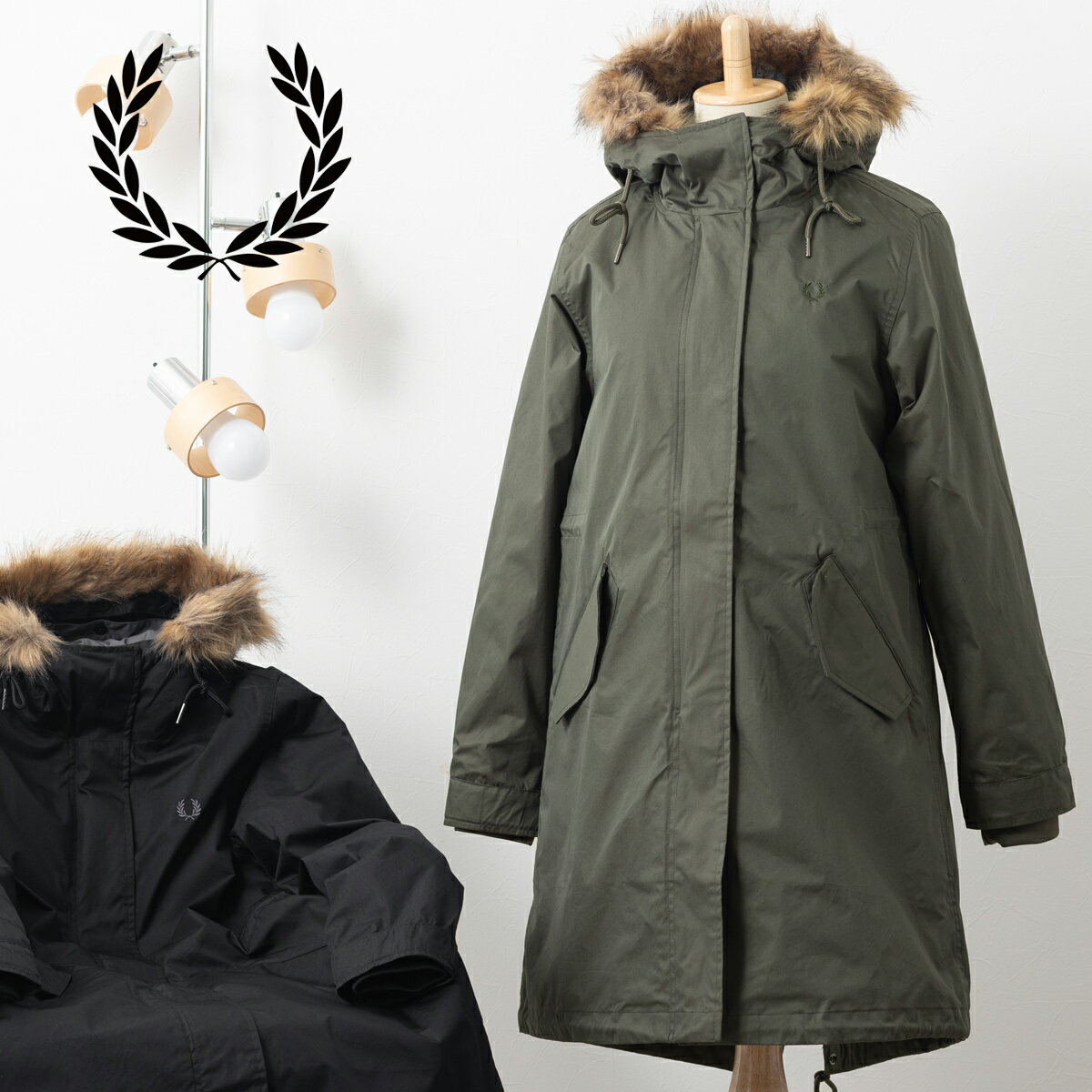 フレッドペリー レディース モッズコート フィッシュテールパーカー ジップインライナー 2023 新作 Fred Perry ジャケット インナー取り外し可能 単体着用可能 2色 ブラック フィールドグリーン 女性用 正規販売店 ギフト 厚手 秋冬 トラッド クリスマスのサムネイル