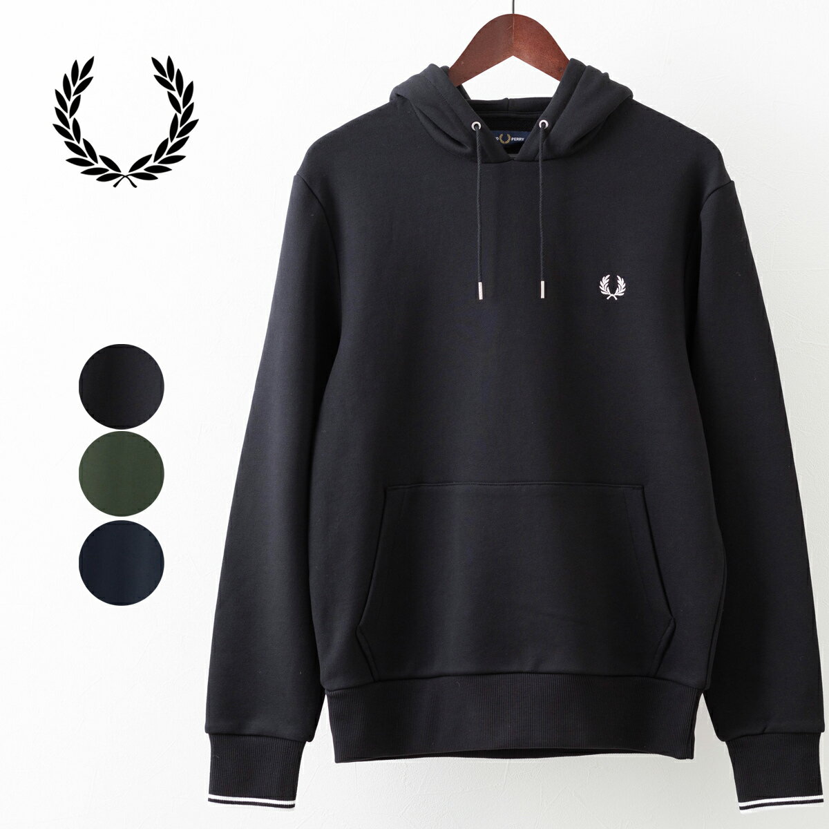 Fred Perry フレッドペリー メンズ パーカー フーディー 長袖 新色 ブラック ネイビー コートグリーン コットンブレンド プルオーバー ティップライ...