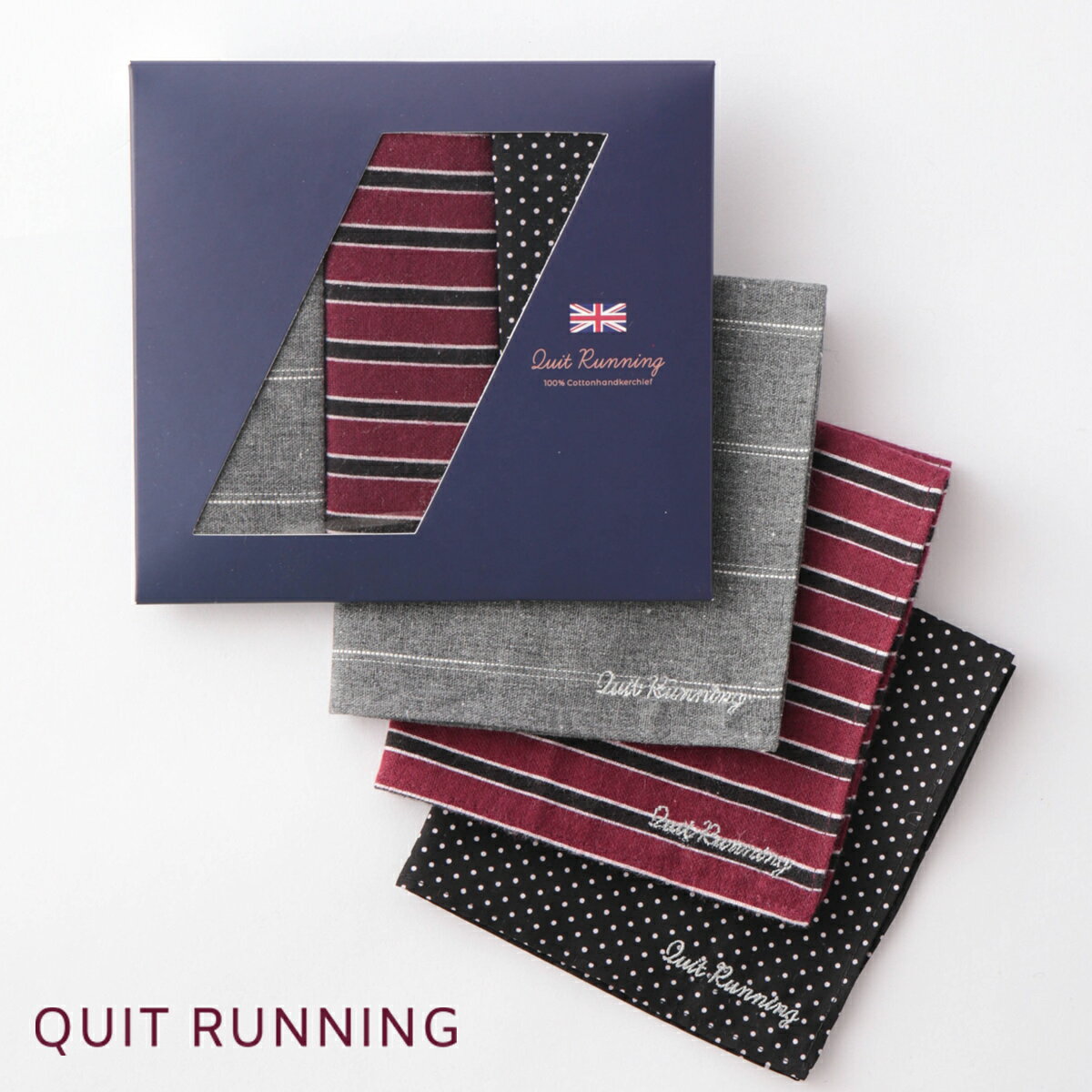 英国ブランド メンズ ハンカチーフ 3点セット Quit Running コットン ドット ストライプ ポケットチーフ ハンカチ 男性 パッケージ付き クイトランニング プレゼント ギフト 祝い 卒業式 スーツ フォーマル 父の日