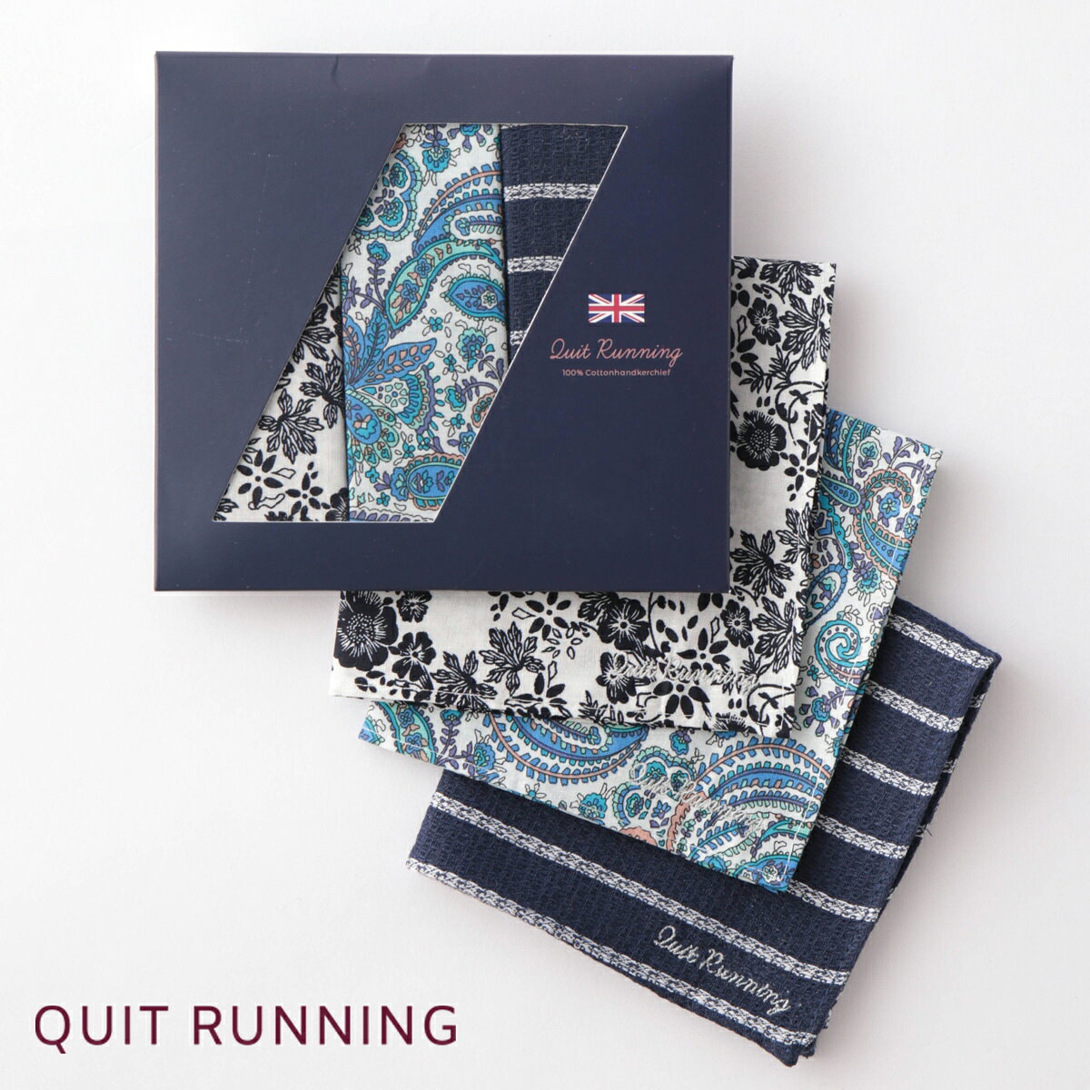 英国ブランド メンズ ハンカチーフ 3点セット Quit Running コットン ペイズリー フラワー ストライプ ポケットチーフ ハンカチ 男性 パッケージ付き クイトランニング プレゼント ギフト 祝い 卒業式 スーツ フォーマル 父の日