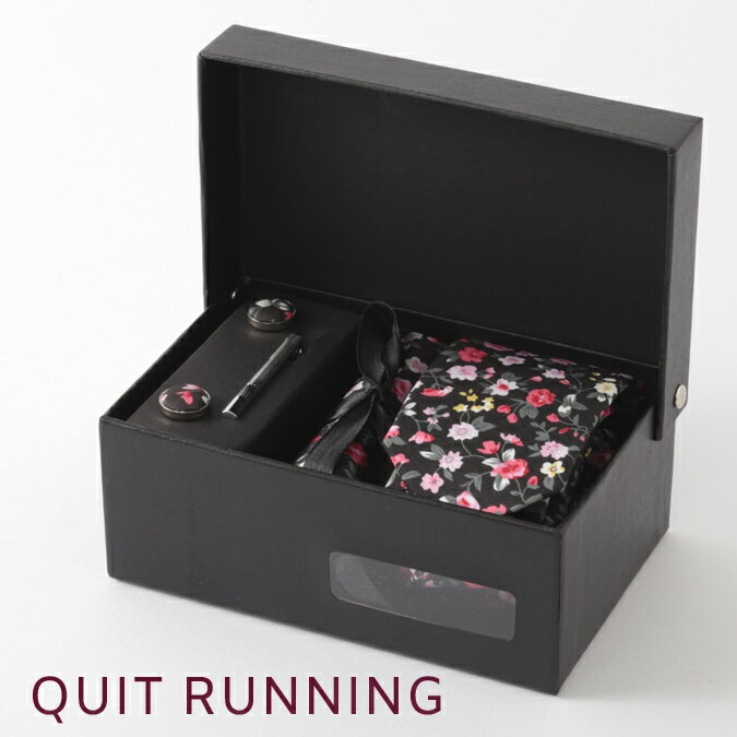 セール SALE 英国ブランドメンズギフト4点フルセット Quit Running ブラック フローラル ネクタイ ポケットチーフ タイクリップ カフス ステンレス ネクタイピン 花柄 クイトランニング ギフト 祝い 卒業式 スーツ フォーマル ホワイトデー トラッド