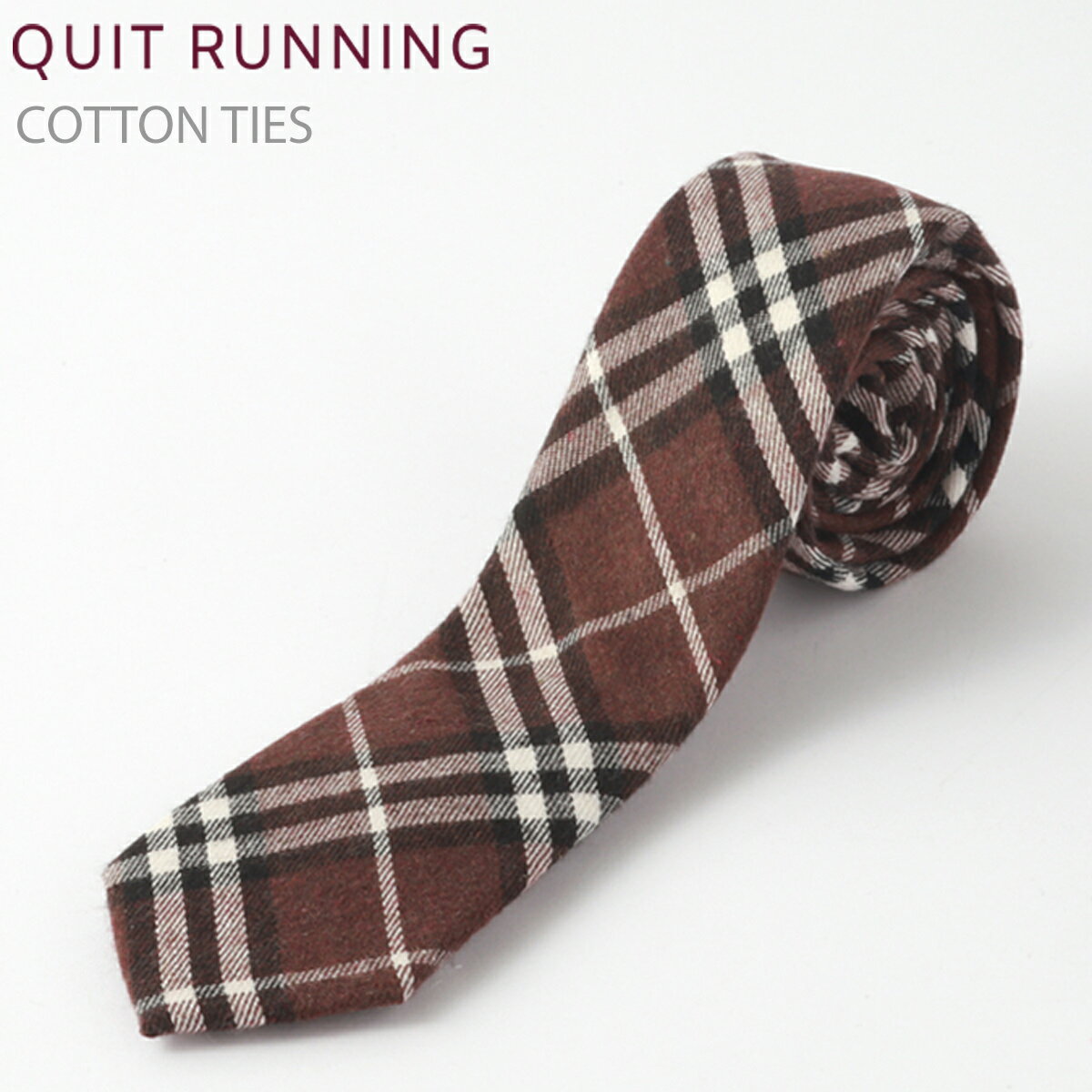 コットンネクタイ ナロータイ Quit Running ブラウン チェック ハンドメイド クイトランニング メンズ コットン 英国ブランド ロック 個性的 男性向け ビジネス 就活 ギフト 祝い 卒業式 トラッド