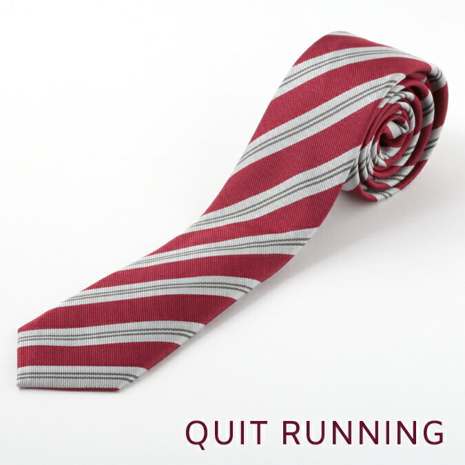 ピュアシルク100% 英国ブランド Quit Running シルク ナロー ネクタイ ナロータイ BURGUNDY STRIPE バーガンディ ストライプ 男性 クイトランニング スリムネクタイ ナロータイ ギフト 祝い 卒業式 スーツ フォーマル シンプル 無難 トラッド