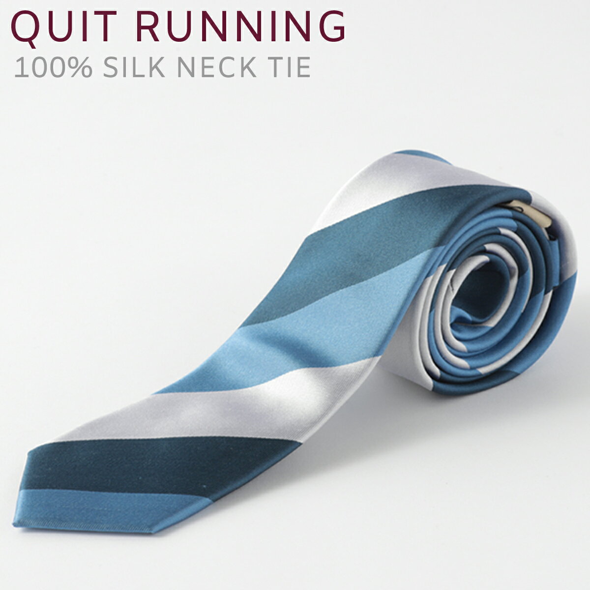 シルクネクタイ Quit Running ストライプ ブルー × ホワイト ハンドメイド クイトランニング メンズ英国ブランド 個性的 男性 メンズ ギフトトラッド 祝い 卒業式のサムネイル