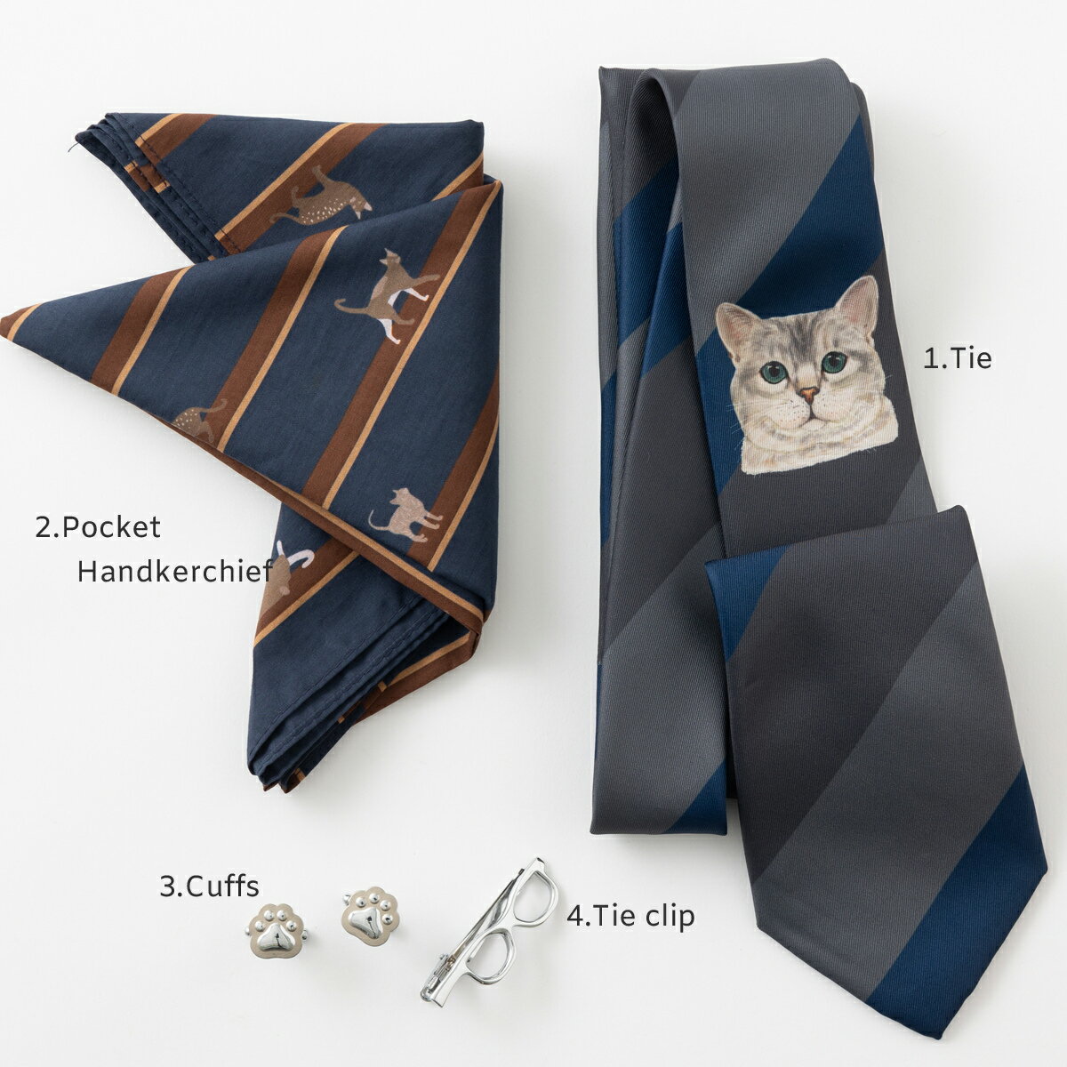 猫だらけのメンズ4点ギフトセット ネイビー ストライプ キャットフェイス 洗えるイージーケア CHILLWORK ウォッシャブル 洗濯OK ネクタイ ハンカチ タイクリップ カフス チルワーク メンズ 英国ブランド 個性的 趣味 ギフト 卒業式 トラッド