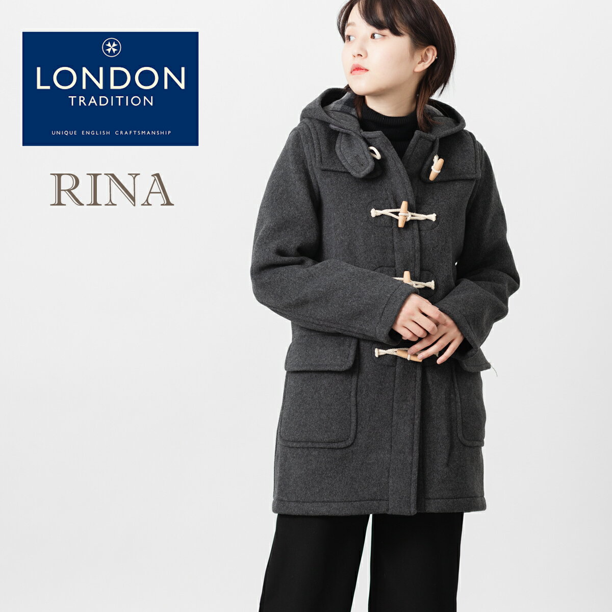 LONDON TRADITION レディース オーバーサイズ ダッフルコート ミッドグレー RINA 秋冬 英国製 ウール ロンドントラディション リナ チェック 上着 MADE IN ENGLAND ギフト 短い 厚手 防寒 トラッド