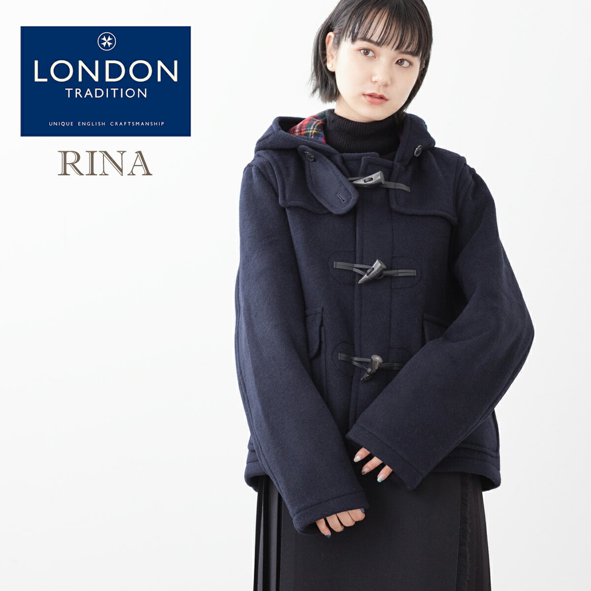 LONDON TRADITION レディース オーバーサイズ ダッフルコート RINA 特注 ショート丈 ネイビー 秋冬 英国製 ウール ロンドントラディション リナ 上着 MADE IN ENGLAND トグルボタン ギフト 厚手 防寒 トラッド