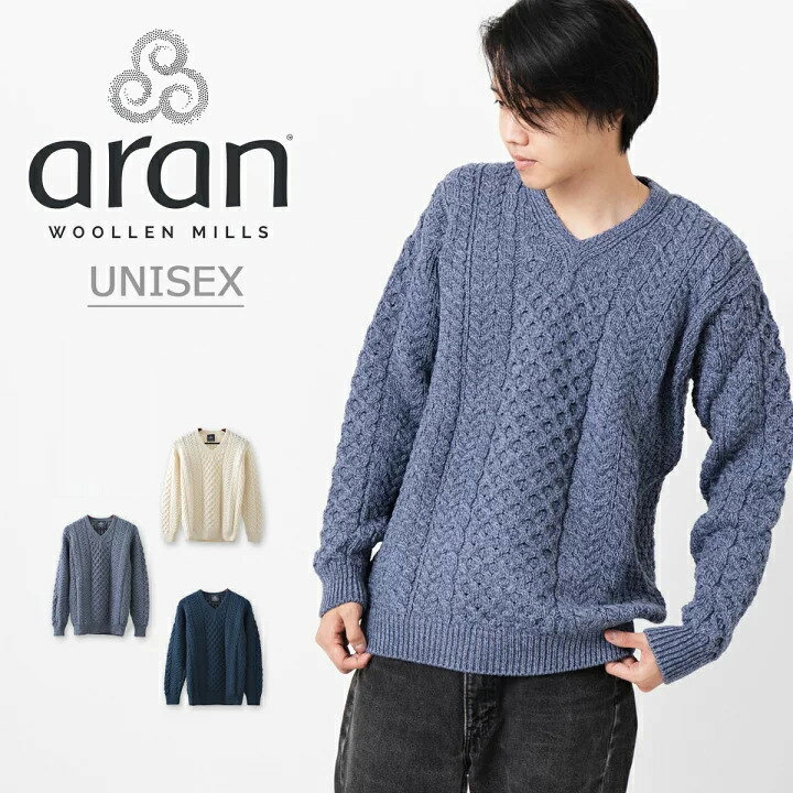 ARAN WOOLLEN MILLS ユニセックス メリノウール Vネック セーター レディース メンズ アランウーレンミルズ ローゲージ ニット ホワイト ブ...
