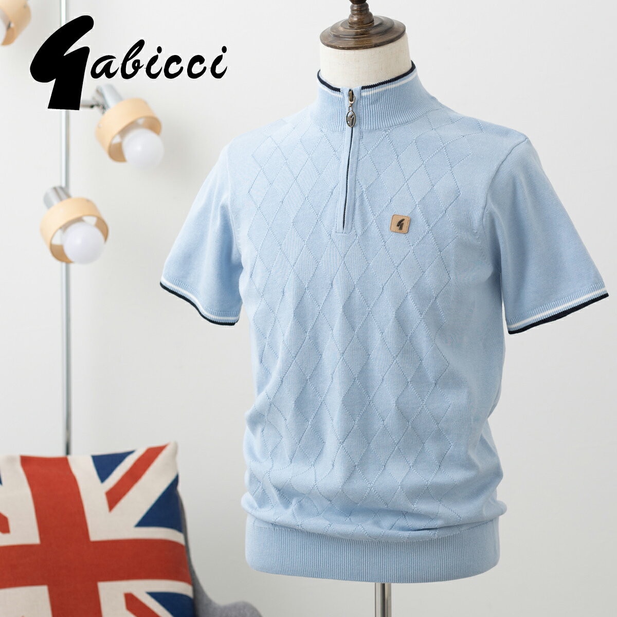 Gabicci メンズ ハーフジップニットポロシャツ 半袖 ガビッチ アーガイル ハーフジップ スカイライト レトロ モッズファッション ギフト トラッド