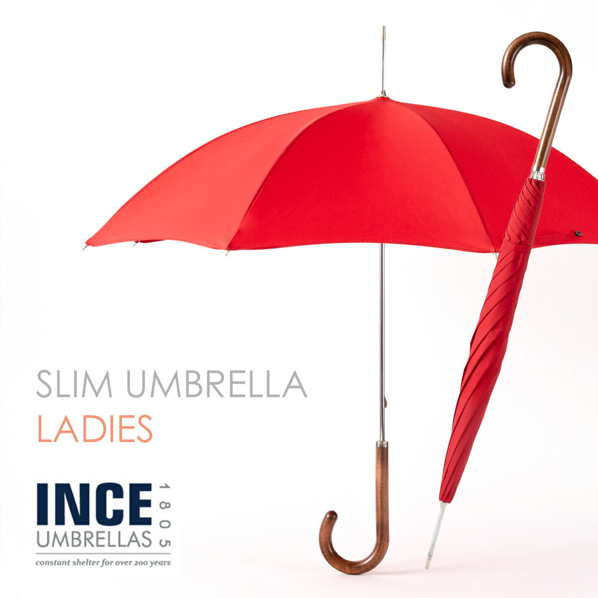 INCE UMBRELLA City Slim レッド レディース 日傘兼用 長傘 21s新作 インスアンブレラ シティ スリム メープルウッドハンドル レディース 無地 かさ イギリス ロンドン ギフト トラッド inceladcs-red