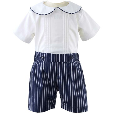 レイチェルライリー キッズ 子供服 男の子 シャツ&パンツセット Rachel Riley ネイビー 丸襟 英国王室 Pintuck Shirt & Striped Short Set ギフト 誕生日 赤ちゃん 結婚式 春夏 トラッド