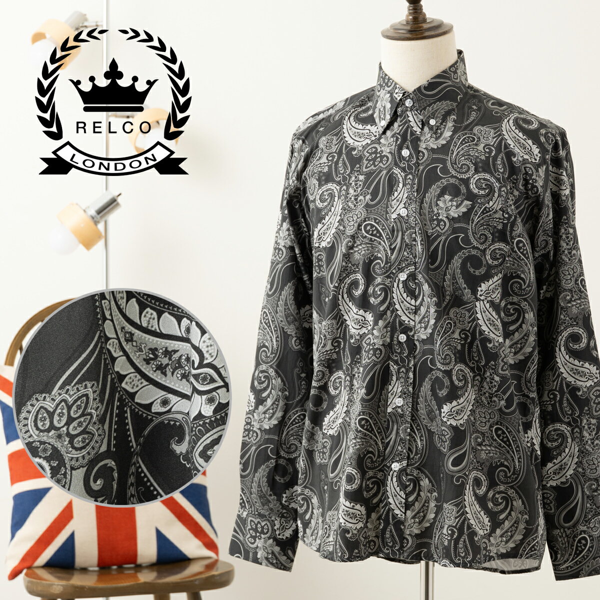 RELCO 長袖シャツ ペイズリー柄シャツ ペイズリー レルコ レトロ ブラック コットン モッズファッション ギフト トラッド メンズ