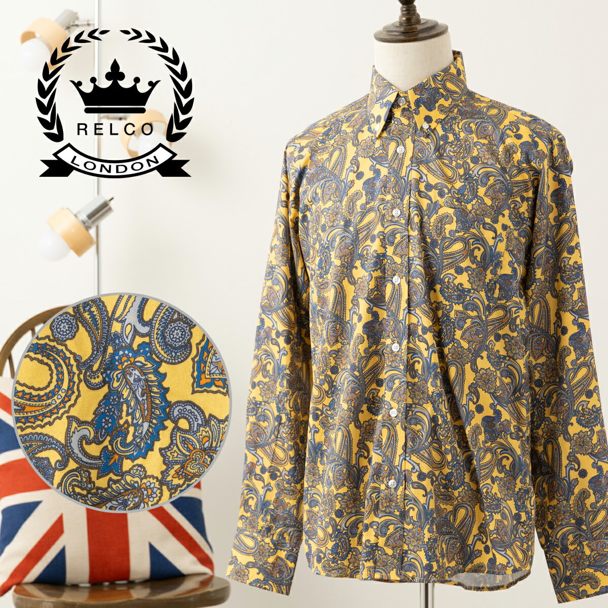 RELCO 長袖シャツ ペイズリー柄シャツ ペイズリー レルコ レトロ マスタード コットン モッズファッション ギフト トラッド メンズ