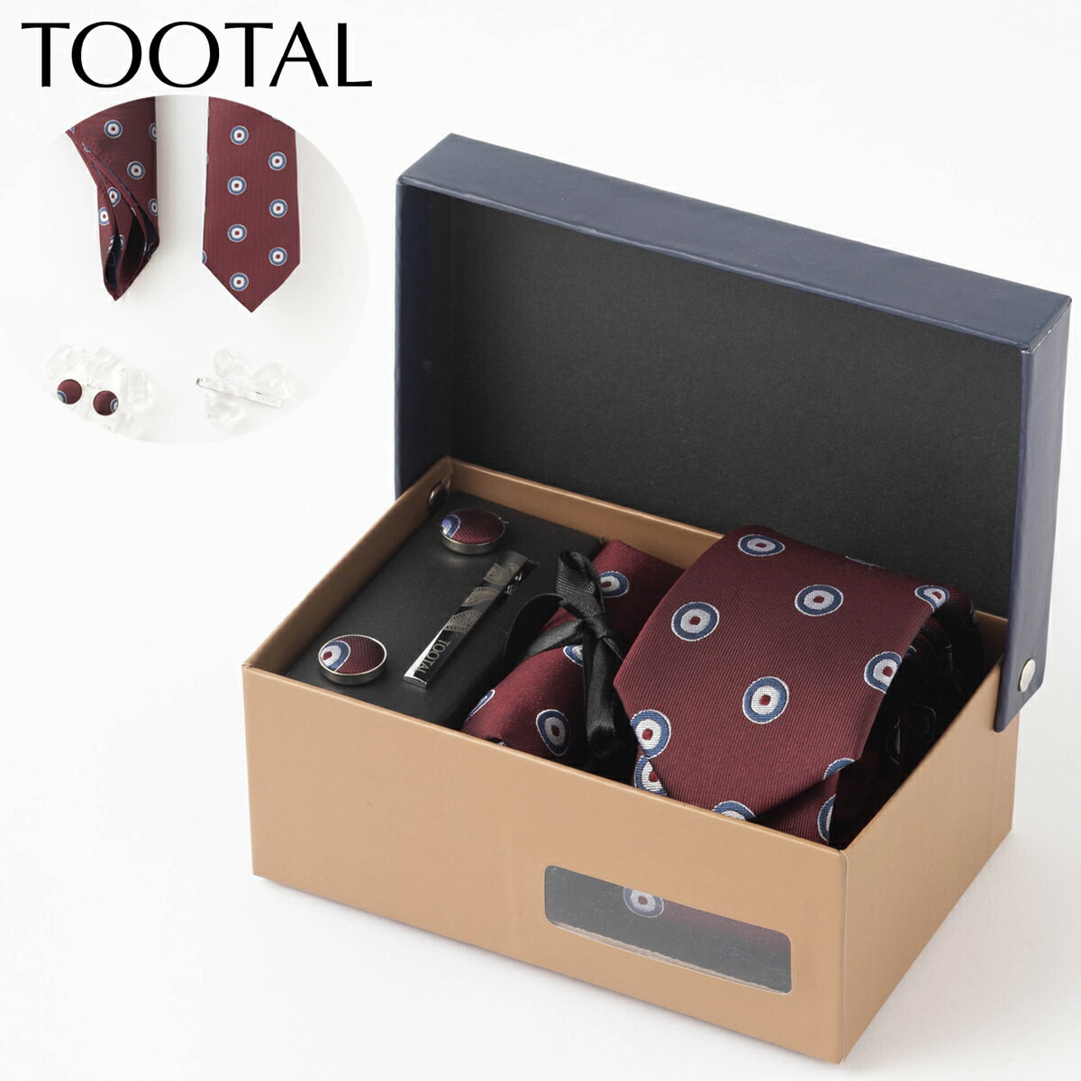 TOOTAL メンズスーツ ギフトボックス4点セット 100%上質シルク編みネクタイ ボルドーターゲット ハンカチ タイクリップ カフス ステンレス ネクタイピン ハンカチ 男性 祝い 卒業式 トラッド ポケットチーフ スクエア