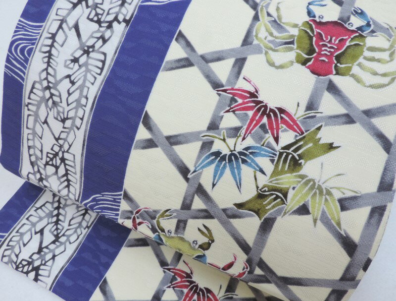 袋帯 型絵染め 網格子に沢蟹文 袋帯 御仕立上り(3140))l-y