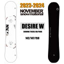 税抜定価　\99,000 《正規品・保証書付》 ★送料無料★ NOVEMBER DESIRE W ユニセックス：142cm メンズ：147cm/150cm WING ROCKER 【DESIRE W】 フラットシーンでのハイエンドモデル DESIRE のダブルキャンバーモデル。 最新の技術を詰め込んだ DESIRE とモールドおよび構成材を共通化しつつ、フ ルキャンバーとフルロッカーのメリットをハイブリッドさせた WING ROCKER にその性能を落とし込んだモデルとなっています。ロッカーならではの軽快 なフィーリングを保ちつつ、オーリーやエアーの高さに繋がる反発性能を持 ち合わせるハイブリッドモデルでありながら、キャンバーボードを凌ぐ強力 なエッジグリップ性能があらゆるバーンコンディションにおいても優れたフ リーライディング性能を発揮します。 補強材としてノーズ及びテール部に W POWER CARBON RIBBON を採用 し、高い操作性を維持したまま反発力を強化しています。また足元には耐衝撃 性能と操作性能を両立させた独自設計の DUCK PLATE(TYPE4) を装備。ダ メージを軽減させるとともに足まわりのトーションを確保、高いコントロール性 能を発揮します。 オフピステにおいても抜群の浮力と走破性を持ち、ナチュラルヒットに対して も高い適応能力を持ち合わせるオールラウンドな性能も魅力なモデルです。 超軽量FM2COREを採用したスーパーライトウエイトモデル。 ※商品写真の色は、OS、ブラウザ、ディスプレイ、 などにより実際のものとは多少異なる場合があります。 ご了承の下さい。当店で取り扱う全ての商品は 安心の日本正規品です。