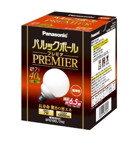 ・ EFG10EL7H2・サイズ:外径9.0×長さ13.0cm・本体重量:0.094Kg・定格電圧:100V 50/60Hz共用・定格消費電力:7W・定格寿命:13 000時間(定格寿命は平均値であり、保証値ではありません。)●長寿命約13000時間、驚きの省エネ ●省エネ! 〔CO2・電気代 約80%カット※3〕 ●明るさ長もちNo.1※4〔最後まで明るく目にやさしい※5〕 ●※ 100形(現行品)のみ約10000時間 ●※3 A・G・D10形E26口金 当社シリカ電球・ボール電球40形比(36W) ●※4 光束維持率80%以上の時間。国内電球形蛍光灯分野において(無電※5 約13000時間経過時でも約80%の明るさを維持 ●極タイプを除く)2009年10月1日発売(当社調べ)