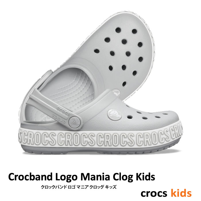 【3,000円Offクーポン配布中】CROCS【クロックス】Crocband Logo Mania Clog Kids / クロックバンド ロゴ マニア クロッグ キッズ / ライトグレー×ホワイト ｜※※　ケイマン サンダル ビーサン