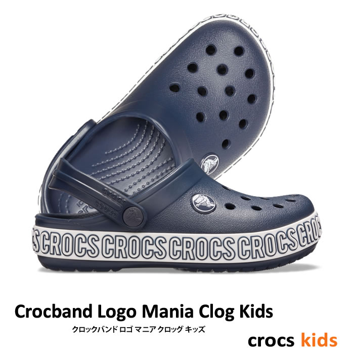 【3,000円Offクーポン配布中】CROCS【クロックス】Crocband Logo Mania Clog Kids / クロックバンド ロゴ マニア クロッグ キッズ / ネイビー×ホワイト ｜※※　ケイマン サンダル ビーサン