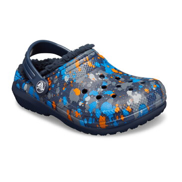 ▲￥2990 送料無料▼CROCS【クロックス/キッズ】Classic Printed Lined Clog Kids/ クラシック プリンテッド ラインド クロッグ キッズ/ ネイビー×ネイビー｜サンダル マンモス ボア ムートン ブリッツェン マンモス ムートン モコモコ スリッパ