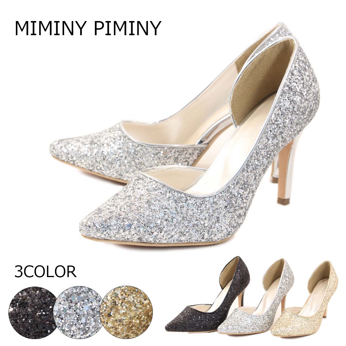  MIMINY PIMINYパンプス パンプス ポインテッドトゥ ハイヒール グリッター 9.5cm 結婚式 パーティー キラキラ 10-7532