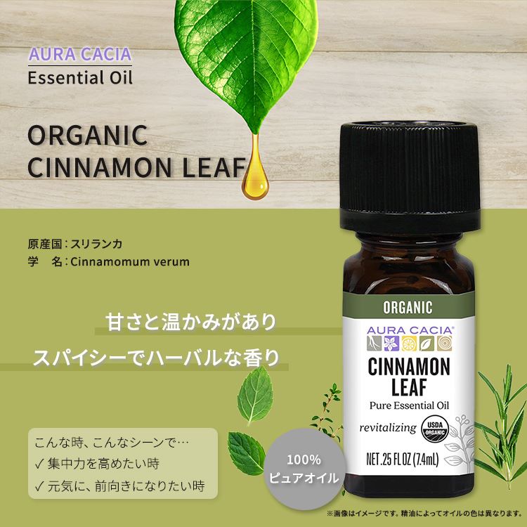 オーラカシア オーガニック シナモン リーフ エッセンシャルオイル 7.4ml (0.25 fl oz) AURA CACIA ORGANIC CINNAMON LEAF ESSENTIAL OIL 精油 シナモンベルム セイロンニッケイ 2