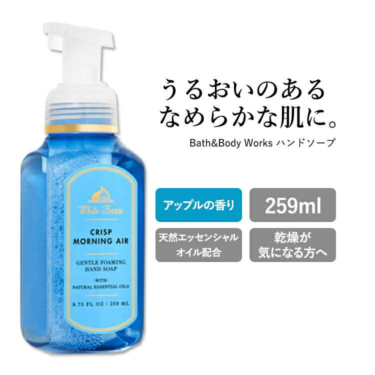 商品説明 ●天然エッセンシャルオイルを配合！包み込みような泡で優しく洗います♪ ●栄養価の高いビタミンE、シアエキス、アロエを配合！ ●アップルの爽やかでフレッシュな香り♪ いろんな香りを楽しみたい♪バス&amp;ボディワークスの香り違いのハンドソープはこちら バス&amp;ボディワークスの他の商品はこちら 他の液体ハンドソープはこちら 泡立てなくて良いから楽チン♪泡のハンドソープはこちら 手の乾燥が気になる方に◎ハンドクリームはこちら 消費期限・使用期限の確認はこちら ご留意事項 ●特性上、空輸中の温度・気圧の変化により、キャップ部分から漏れが生じる場合があります。同梱商品に付着した場合も含め、返品・返金・交換等の対応はいたしかねますので、ご理解・ご了承の上ご購入いただきますようお願いいたします。 内容量 259ml (8.75 fl oz) 成分内容 詳細は画像をご確認ください ※詳しくはメーカーサイトをご覧ください。 メーカー Bath&amp;Body Works (バス&amp;ボディワークス) ・お肌に合わない場合は使用をやめ、症状によっては医師にご相談ください。 ・効能・効果の表記は薬機法により規制されています。 ・医薬品該当成分は一切含まれておりません。 ・メーカーによりデザイン、成分内容等に変更がある場合がございます。 ・製品ご購入前、ご使用前に必ずこちらの注意事項をご確認ください。 Bath&amp;Body Works Crisp Morning Air Gentle Foaming Hand Soap 8.75 fl oz 生産国: アメリカ 区分: 化粧品 広告文責: &#x3231; REAL MADE 050-3138-5220 配送元: CMG Premium Foods, Inc. 人気 にんき おすすめ お勧め オススメ ランキング上位 らんきんぐ 海外 かいがい せっけん セッケン 石鹸 石けん sekkenn えきたい リキッド ソープ そーぷ soap handsoap はんどそーぷ 手洗い てあらい 手あらい 予防 対策 おしゃれ 洗浄 習慣 子供 大人 キッズ ケア スキンケア ハンドケア ほしつ 優しい 潤い うるおい 乾燥 かんそう 女性 男性 レディース メンズ アップル りんご リンゴ 林檎 爽やか さわやか ばすあんどぼでぃーわーくす バスアンドボディーワークス ばす&amp;ぼでぃわーくす bath and body works