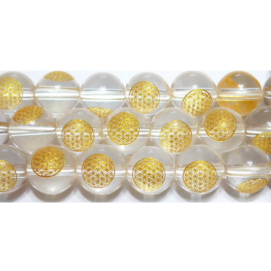 水晶 丸玉 8mm （神聖幾何学模様彫り：【金色】フラワーオブライフ） A　　※ 天然石 天然石ビーズ パワ..