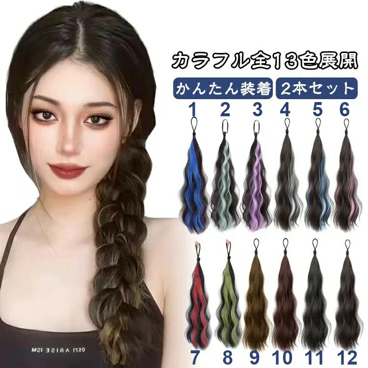 2本セット ヘアーエクステンション ウィッグ ゴム付き エクステ ヘアゴム かんたん装着 ポニーテール ツインテール 付け毛 カラフル メッシュ つけ毛 派手 ...
