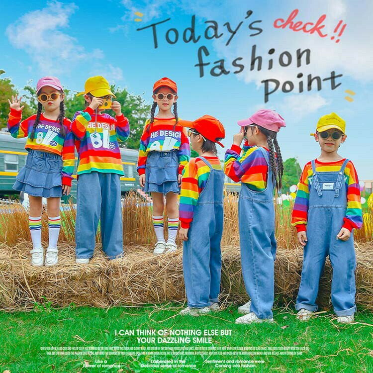 レインボー柄 シャツ 虹色 キッズ ダンス 衣装 ヒップホップ サロペット パンツ ダンス衣装 オーバーオール 女の子 男の子 ダボダボ ズボン ガールズ 原宿系 舞台服 練習 応援団 発表会