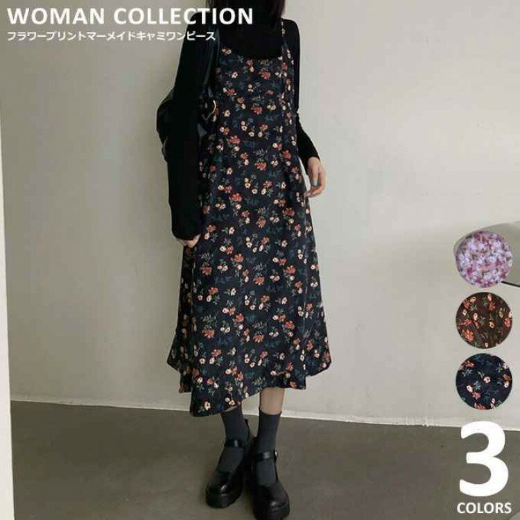 ワンピース 春 秋 カジュアル 花柄 小花柄 キャミワンピース ナチュラル 低身長 キャミワンピ レディー..